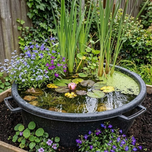 Poubellarium d ete dans un bac noir rempli d eau et de plantes flottantes