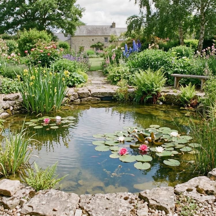 Vue d'ensemble d'un bassin de jardin équilibré au printemps.