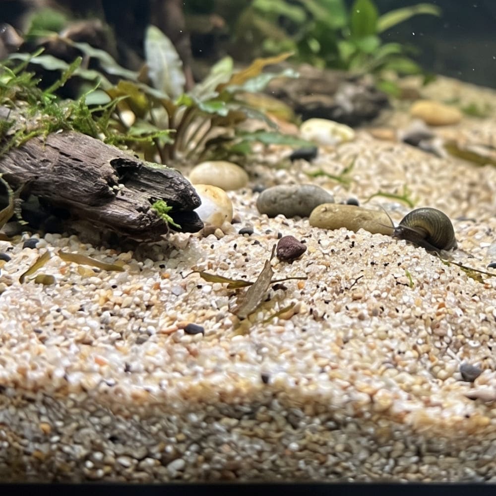 Fond d'un aquarium, illustrant un sol vivant et nutritif, indispensable pour l'enracinement des plantes et le développement des bonnes bactéries.