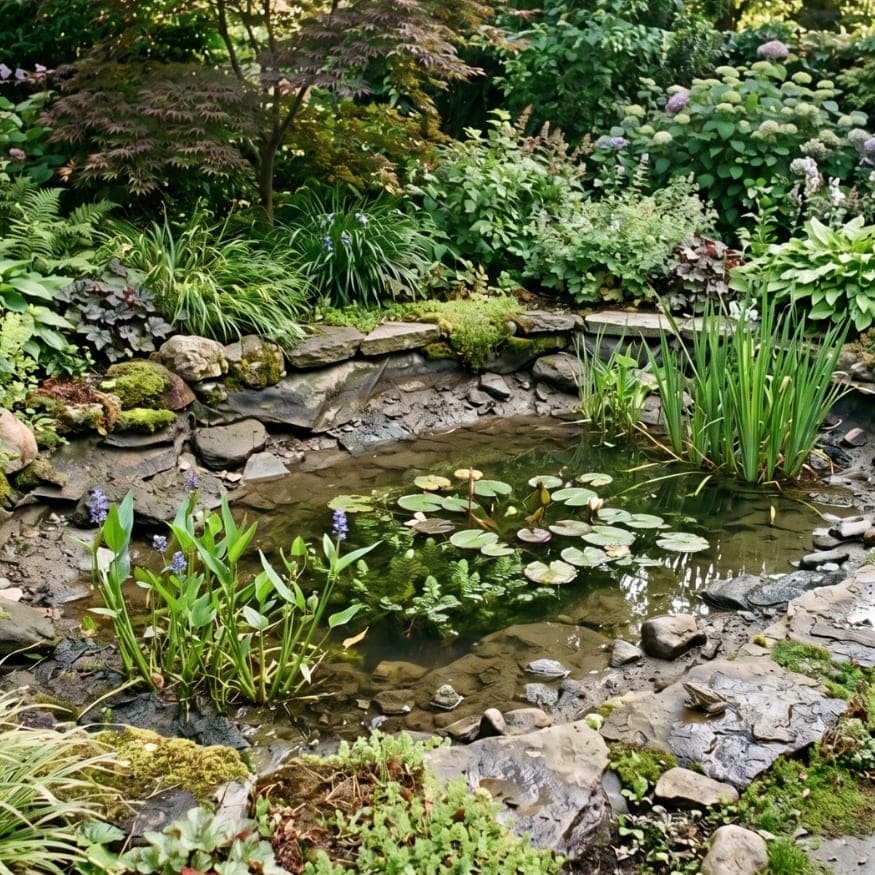 Photo d'un bassin de jardin avec un niveau d'eau bas dû à l'évaporation en été