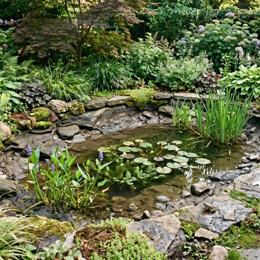 Photo d'un bassin de jardin avec un niveau d'eau bas dû à l'évaporation en été