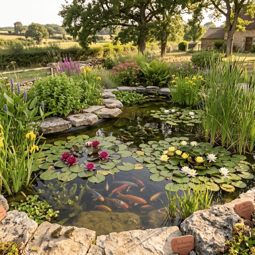 Vue d'un bassin de jardin en fin d'été, illustrant les conseils d'entretien et les gestes essentiels à réaliser en août pour préserver l'équilibre de l'écosystème aquatique jusqu'au printemps prochain.