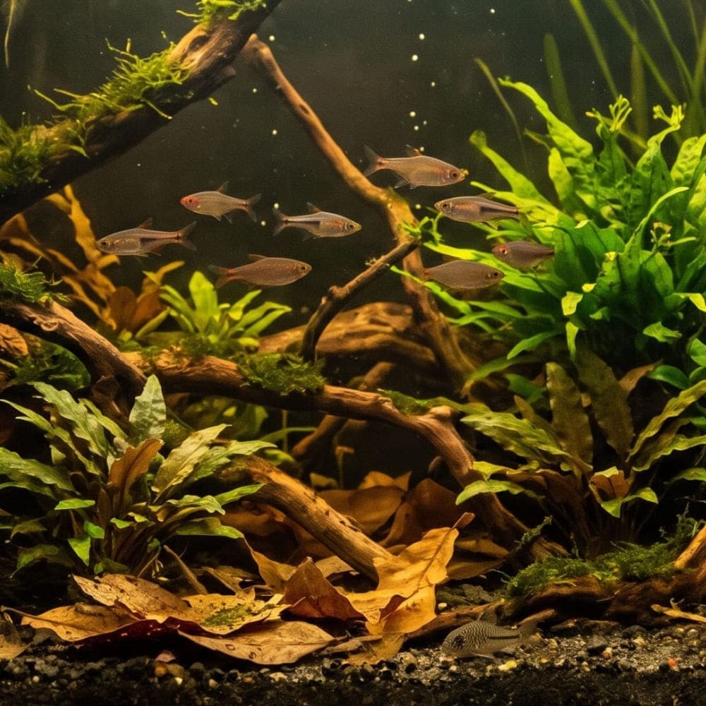 Aquarium planté avec des racines et des feuilles mortes dégageant du tanin pour les poissons. 