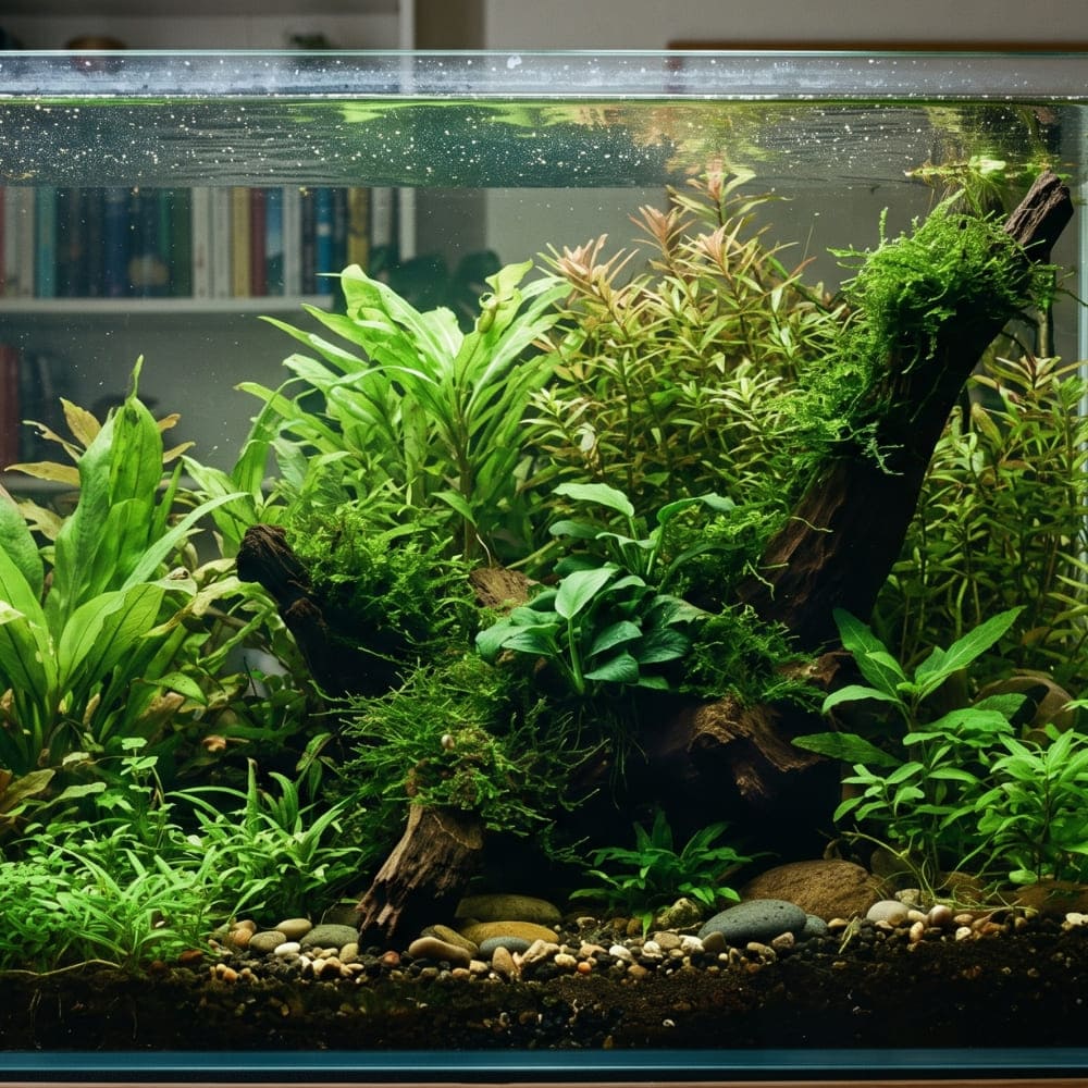 Magnifique aquarium sans filtre au style low-tech et richement planté, illustrant les conseils pour éviter les erreurs de débutant dans l'article de journal.