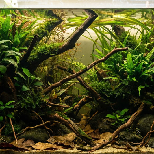 Aquarium low tech naturel avec plantes, racines et microfaune, illustrant un écosystème autonome et équilibré.