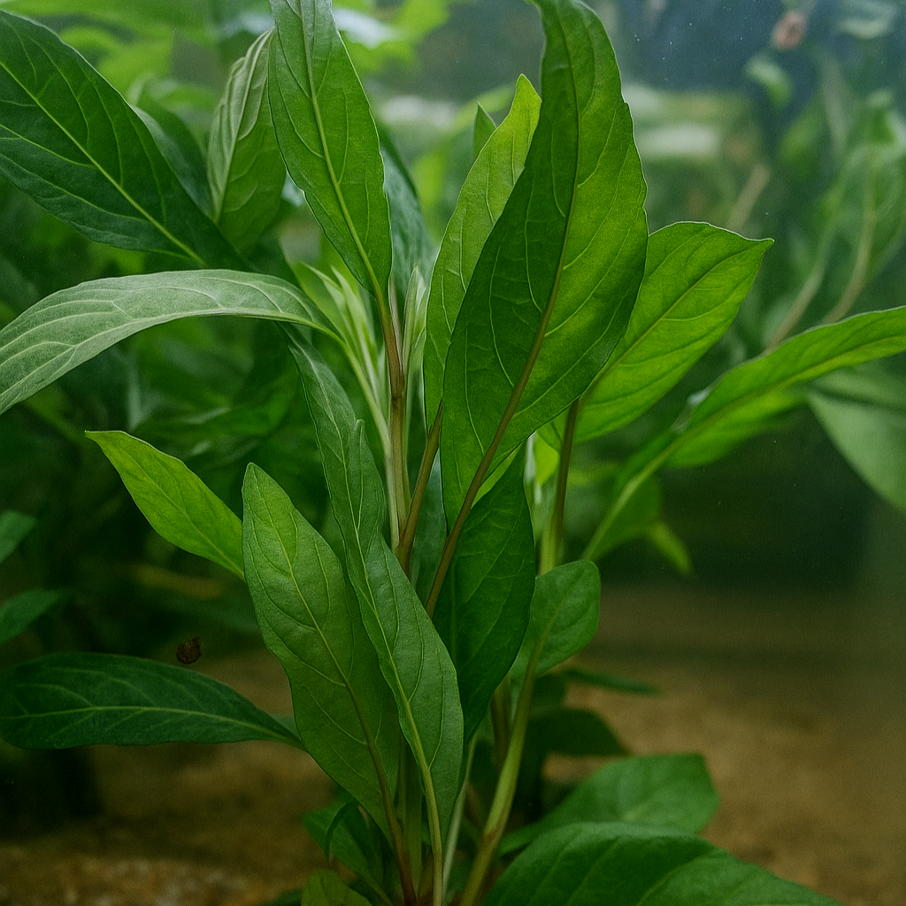 Vue complète d’une Hygrophila costata en aquarium, aux longues feuilles vertes dressées, plantée dans un sol sableux.