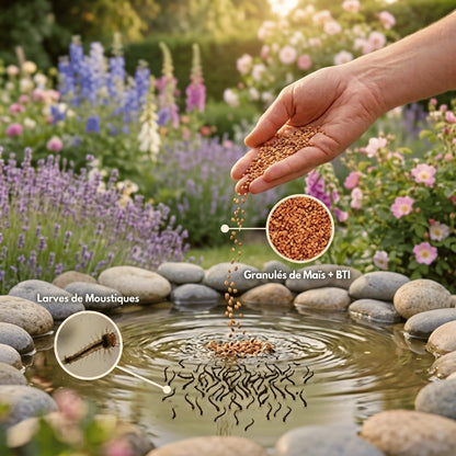 Une main versant des grains de larvicide biologique directement à la surface de l'eau infestée de larves de moustiques, illustrant l'application simple et ciblée de ce traitement naturel.