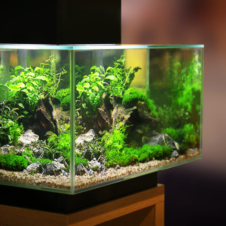 Splendide aquarium naturel ouvert et luxuriant avec des plantes saines et une eau limpide, illustrant l'art de concevoir des écosystèmes autonomes dans le Chapitre 12 du Guide Officiel de l'Aquariophilie Naturelle.